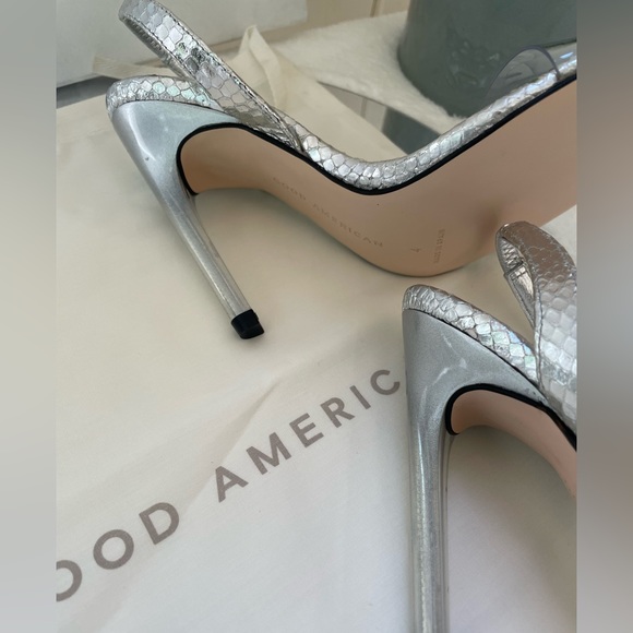 👠 New Good American Open Square Toe Heels Silver Snake Size 4 - Picture 5 of 8